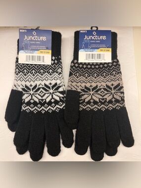 Two Pair Juncture Men's Black & White, Black & Tan Patterned Knit Gloves